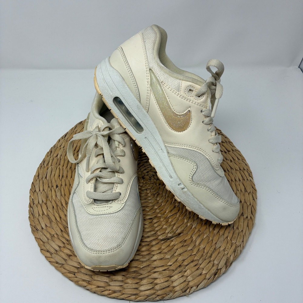 Nike Air Max 1 Women's 9 Sail Cream White Glitter Swoosh Sneakers AT5248-100